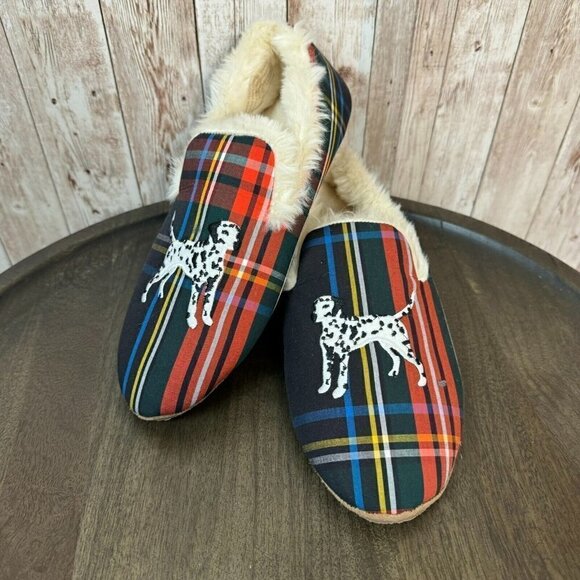 J. Crew Women Tartan Plaid Dalmatian Slippers Faux Shearling Loafer Slipper Sz 6 - Picture 1 of 14